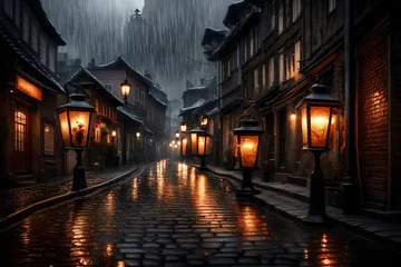 Foto op Plexiglas Rain-soaked cobblestone streets under vintage lanterns. © Imtisal