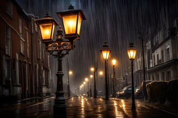 Fototapeta na wymiar An antique street lamp aglow in the rain.