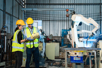 Team of Engineers is controlling robot arm machine welding steel, worker using forcing welding with a control screen which is used for precision welding control.