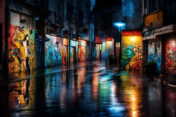 Vibrant street art illuminated by city rain.