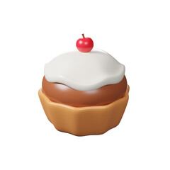 3D chocolate cupcake with whipping cream and cherry on top isolated on white background.3D rendering dessert icon concept.