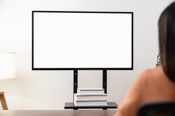 Woman using computer and type on the keyboard. Mockup screen of advertisement.