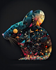 colorful surreal fantasy abstract mouse in an infographic style with a black background, generative ai