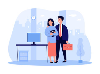 Businessman harassing female coworker vector illustration. Man touching woman without consent, inappropriate behavior of men in office. Sexual harassment at work, feminism, discrimination concept