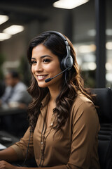 Hispanic Customer service representative with long brown hair talking through headset. Image created using artificial intelligence.