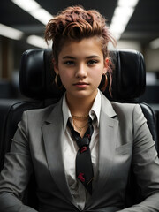 A Teenage Punk with a pink short hair in Business Attire, standing in Her Office. Image created using artificial intelligence.