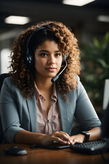 Customer service representative with curly hair talking through headset. Image created using artificial intelligence.
