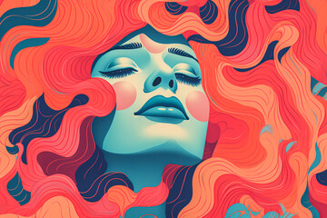 Risograph aesthetic concept illustration. Abstract, mysterious, surrealistic woman with red and pink as main colors. Anxiety, illusions, psychedelic experience by drug and multiple euphoria concept - obrazy, fototapety, plakaty