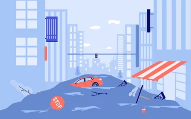 Foto op Aluminium Catastrophic flood damaging city vector illustration. Flooded streets, downpours destroying buildings, cars and trees, high level of water. Climate change, natural disaster, emergency concept © Bro Vector