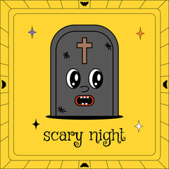 Groovy retro happy halloween. Cute grave and lettering Scary Night. Vector greeting template, poster, print, party invitation and background. Funky card of comic character.