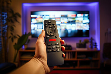 Male left hand holding a remote control in front of TV displaying streaming service - obrazy, fototapety, plakaty