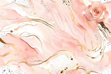 Abstract pink blush liquid watercolor background with golden lines, dots and stains. Pastel marble...