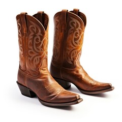 Fancy pair of handmade leather cowboy boots on white background