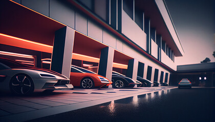 Car showroom parking of cars of warious brands, car in the street, Ai generated image 