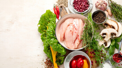 Healthy food concept. Food ingredients background. Top view, copy space
