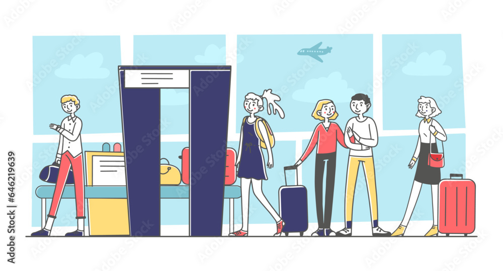 Poster passengers passing security checkpoint vector illustration. happy people in queue checking luggage, 