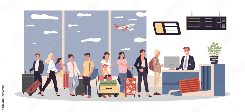 Aufkleber people in queue to check-in counter vector illustration. passengers with suitcases showing passports