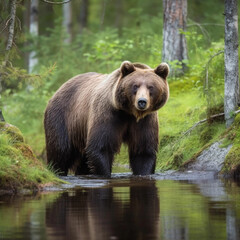 Fototapeta premium close wild big brown bear near a forest lake