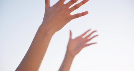 Beach sunset, yoga class and hands of relax women learning breathing pose, mindfulness and spiritual mindset healing. Freedom peace, community and face of wellness person doing calm pilates exercise
