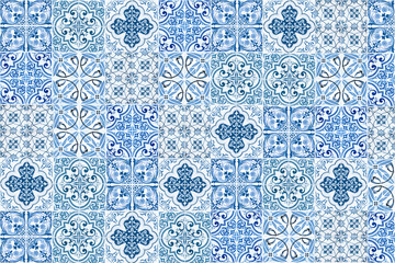 Colorful vintage ceramic tiles wall decoration. Turkish ceramic tiles wall background. - obrazy, fototapety, plakaty