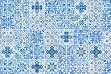 Gordijnen Colorful vintage ceramic tiles wall decoration. Turkish ceramic tiles wall background. © Saichol