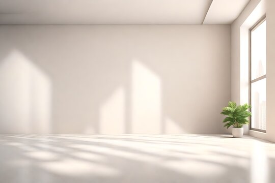 Minimalist empty room with beige and white backgrounds, concrete floor, sun ray, cozy home, indoor plant. Copy space area for office and living rooms. 3d rendering