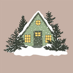Christmas snowy house outside interior with winter landscape and fir trees. Vector illustration in hand drawn cartoon flat style