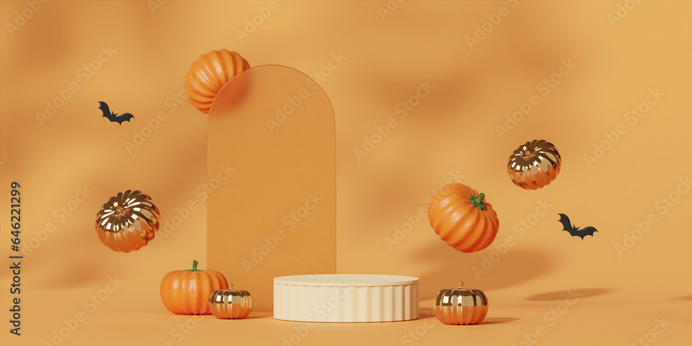 Poster halloween with pumpkin and empty minimal podium pedestal product display background and halloween el
