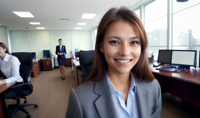 Young happy cheerful professional business woman standing in office with her colleague, generative ai
