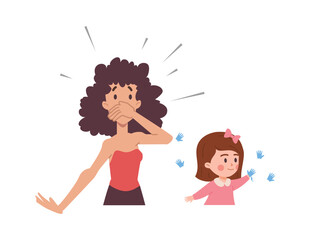 Mom looks with surprise at child stained with paint, flat vector isolated.