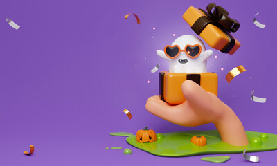 Fototapeta premium Happy Halloween Festiv. hand hold ghost emerges from a gift box with balloon and pumpkin on purple background. Holiday Hallows' Eve or Saints' Eve. copy space. 3d render.