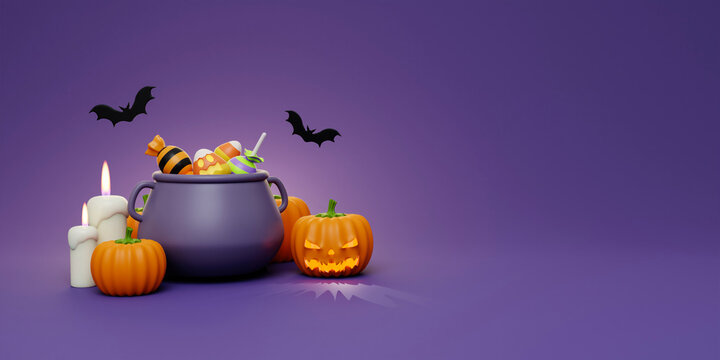 Happy Halloween Festive. Halloween candy in boiling pot, pumpkin, candle and bat . 3d cartoon style. Holiday Hallows' Eve or Saints' Eve. copy space. 3d render.