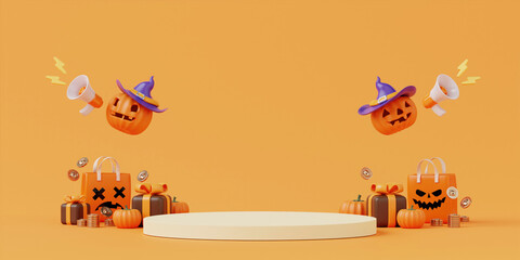 Halloween with pumpkin and empty minimal podium pedestal product display background and Halloween Elements. 3d render.