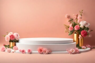 Obraz na płótnie Canvas 3d illustration of empty short pedestal podium surrounded by flowers, in the style of clean reklamn fotografie, clean backdrops, minimalismy