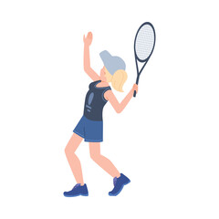 Young girl with tennis racquet looks up flat style, vector illustration