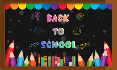 Back to School lined supplies collection,Books,paint, apple, calculator,pen,pencil, ruler. Education and study learning,Hand drawn school supplies,Vector illustration design elements on green chalkb