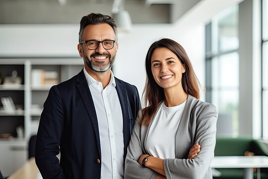 Male and female business couple posing smiling at their business office looking at the camera