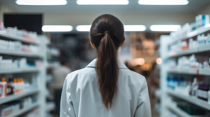 Fototapeta premium A girl pharmacist stands with her back against the background of a blurred pharmacy