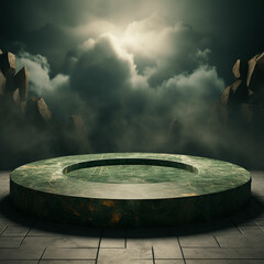 Fototapeta premium stone podium on the cloudy dark green background with sunshine. Made with generative ai