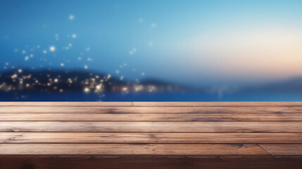 Fototapeta na wymiar Empty wood plank table top with blur blue ocean and bokeh light. Mock up for display or montage of product. Banner or header for advertise on social media.