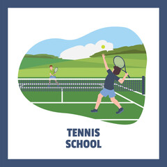 Squared banner with boys playing tennis outdoor flat style, vector illustration