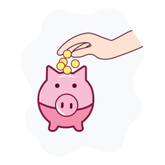 Icon of hand putting money into piggy bank with coins, saving money in money planning.