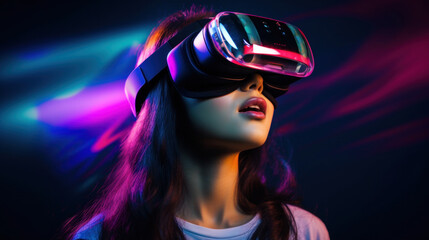 Young woman using glasses of virtual reality on dark colorful neon background