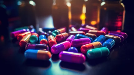 Rolgordijnen Colorful neon pills and capsules on dark background © red_orange_stock
