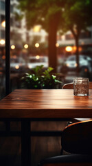 Fototapeta na wymiar Empty dark wood table in the cafe with a blurred background