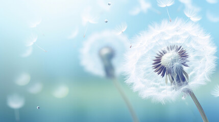 Dandelion blowing in the breeze, soft lighting, pastel colours, sunny day.