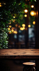 Naklejka na ściany i meble Empty dark wood table in the cafe with a blurred background