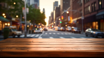 Blank wooden tabletop with a blurred city background