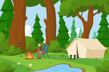 Hunter in forest sitting by fire and tent, cartoon flat vector illustration.