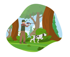 Vector illustration of man, hunter standing aiming at a gun, rifle in camouflage, hunting with a dog in the forest isolated on white background.